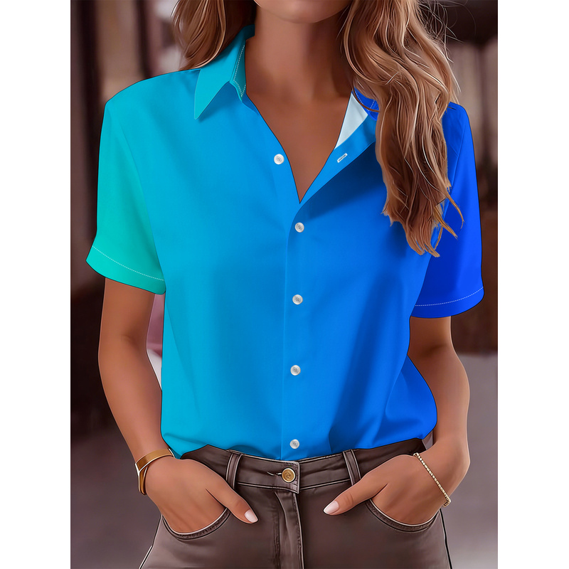 Women Formal Wear Stitching - レディースカジュアル半袖ボタンアップシャツ襟付きフルボディオンブレグラデーションプリント春夏オフィスセミフォーマルウェア洗濯機で洗える