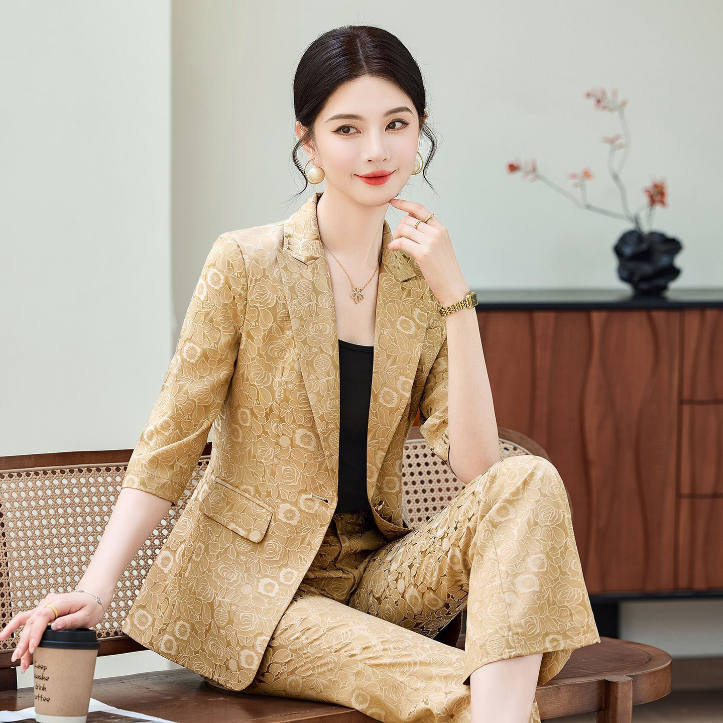 Women Formal Wear Office - ファッションアプリコットハーフスリーブプロフェッショナルスーツ女性新2026夏エレガントフォーマルスリムブレザーとパンツオフィスレディースワークウェア
