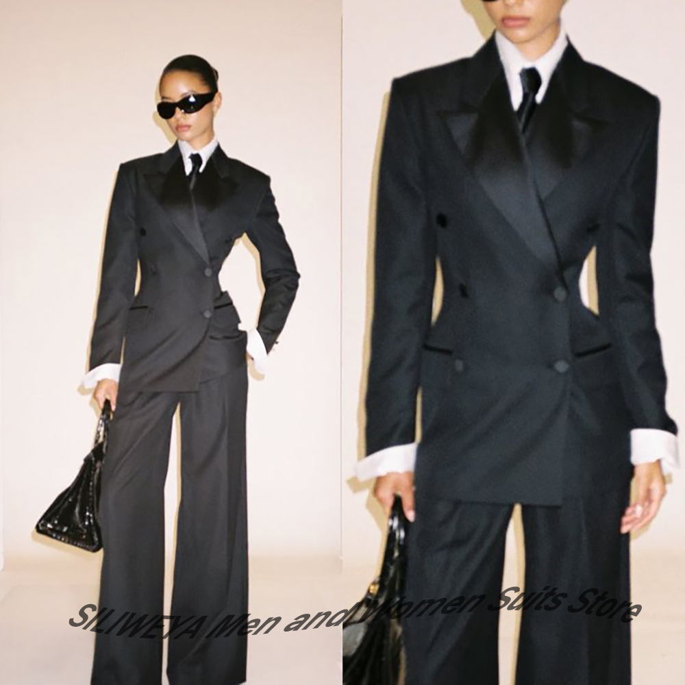 Women Formal Wear Office - プロフェッショナルな女性のための黒のダブルブレストスーツ、スリムフィットジャケット+パンツセット、フォーマルなタキシード、エレガントなオフィスレディウェア、イブニングアウトフィット