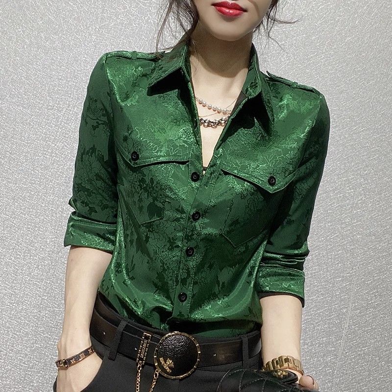 Women Formal Wear Office - 女性トップス春と秋のフル長袖女性のシャツブラウスオフィス服着用ボタンアップフォーマルルーズグリーン Xl