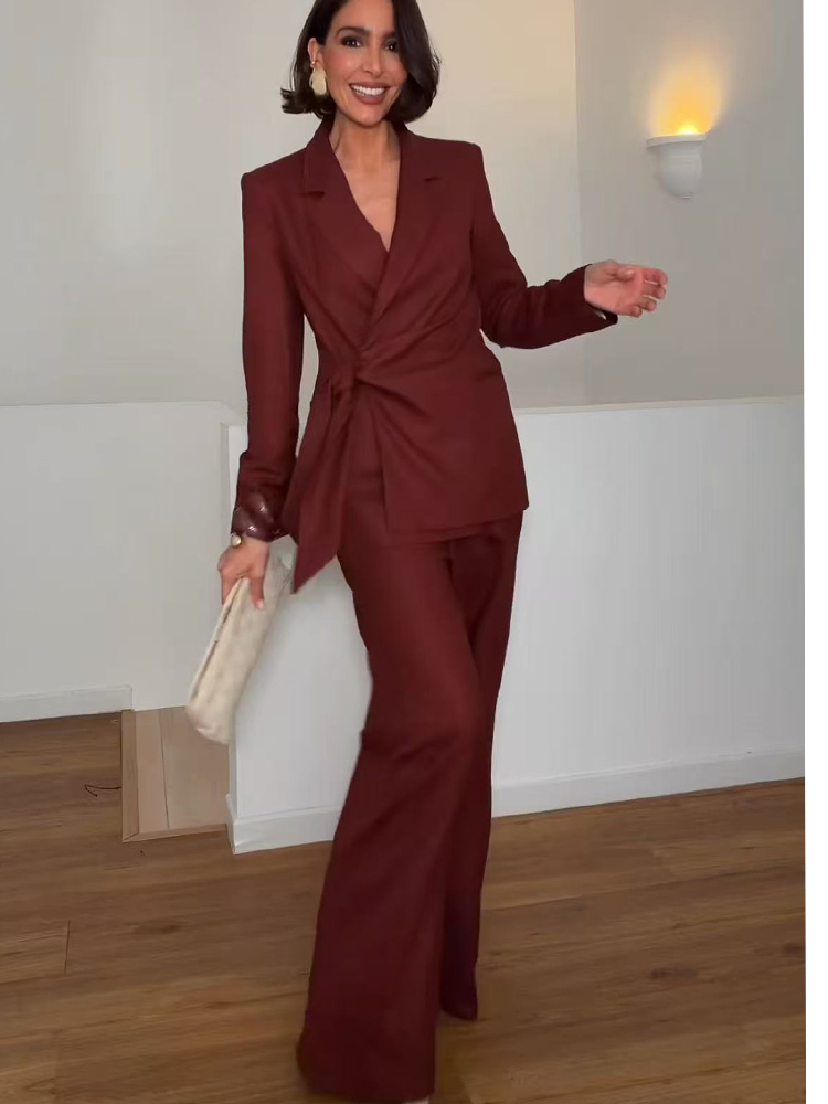 Women Formal Wear Office - ファッションオフィスレディースブレザーパンツスーツエレガントフォーマルスリムレースアップジャケットストレートトラウザーレディ通勤着用2ピースセット
