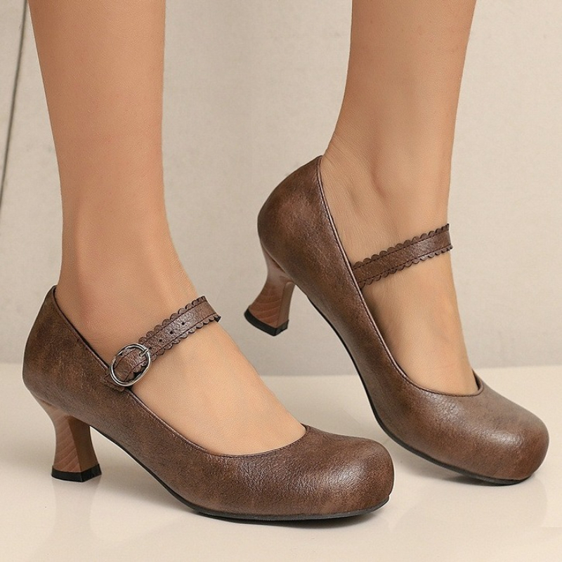 Formal Women Daily Wear Shoes - 女性レトロメリージェーンパンプスラウンドトゥキトゥンヒールバックルストラップソフトPUレザー日常着フォーマルパーティーシューズプラスサイズ