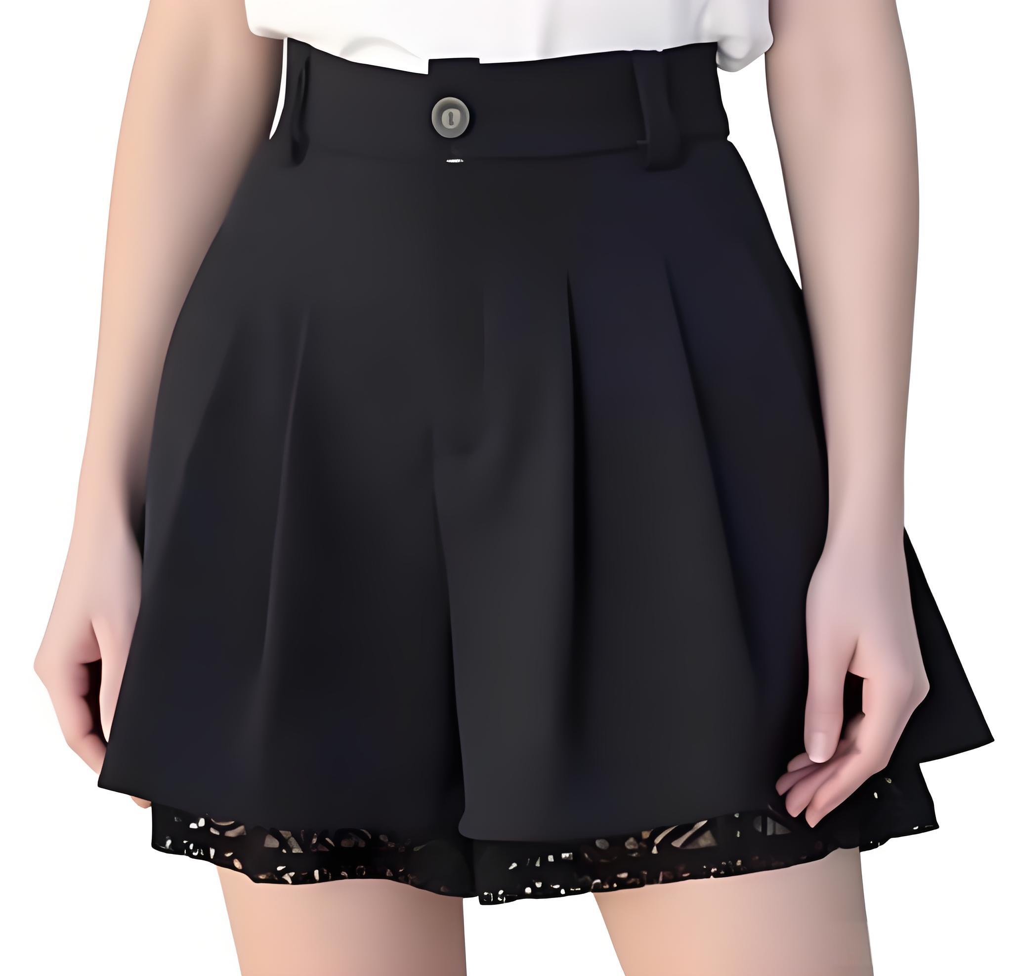 Women Formal Wear Office - 女性カジュアルハイウエストテーラードパンツキュロットプリーツワイドレッグ花柄レーストリムドレッシーショーツパンツ日常オフィスウェア