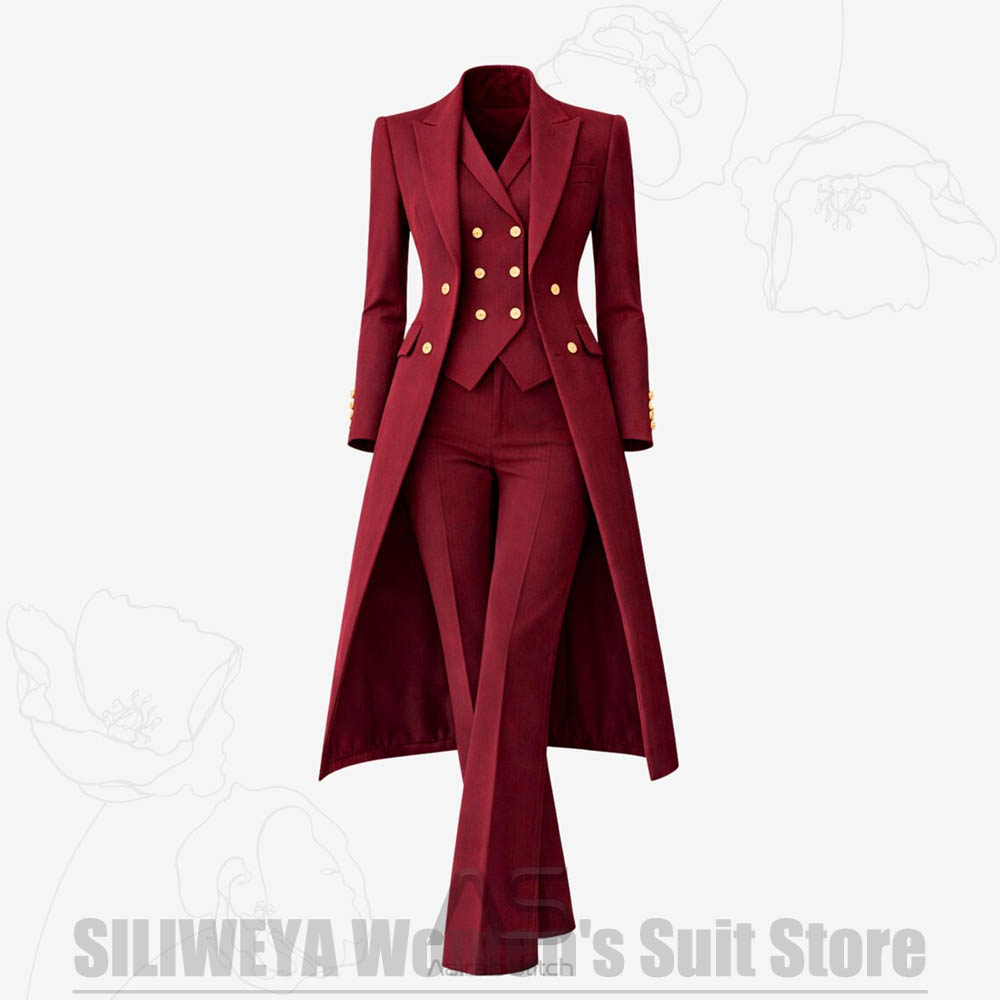 Women Formal Wear Office - レディーススーツ 3ピース ダブルブレスト ロングコート ベスト パンツ