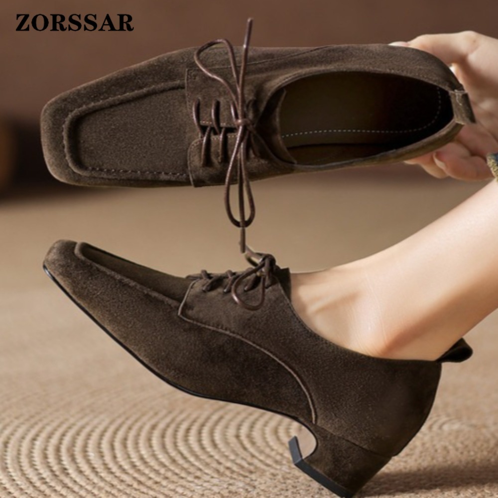 Formal Women Daily Wear Shoes - レディース ブラウン スエード スクエアトゥ レースアップ オックスフォードシューズ、ローヒール