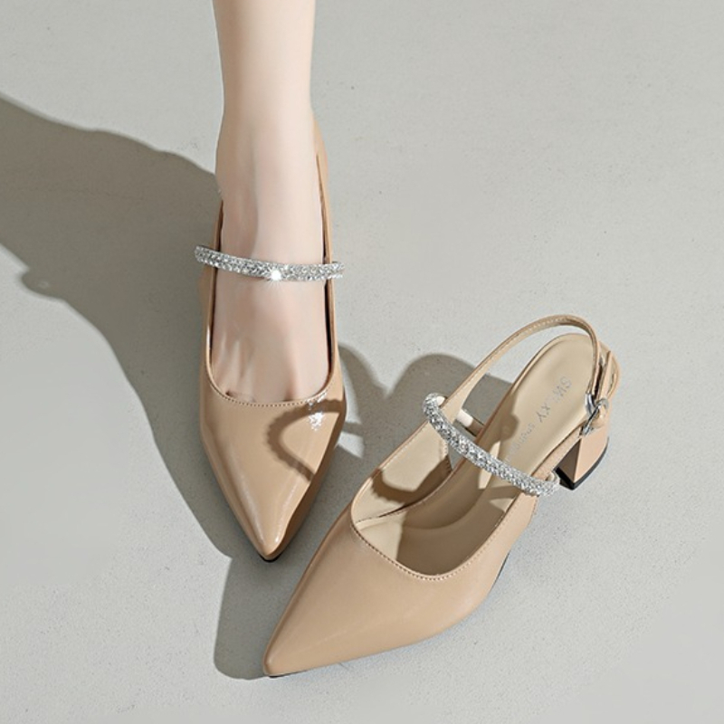 Formal Women Daily Wear Shoes - レディース スクエアトゥ ラインストーン アンクルストラップ パンプス ブロックヒール