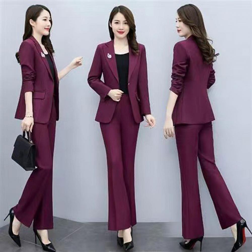 Women Formal Wear Office - 2点セット レディースフォーマルコートパンツセット 襟付き長袖スーツジャケット スリムフィット 無地フレアパンツ デイリーウェア