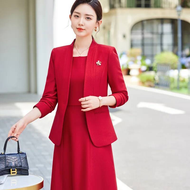 Women Formal Wear Stitching - フォーマルな女性用ビジネススーツ、プロフェッショナルなオフィスワークウェア、ドレスとブレザー付き、秋冬のプロフェッショナルなキャリア面接用セット