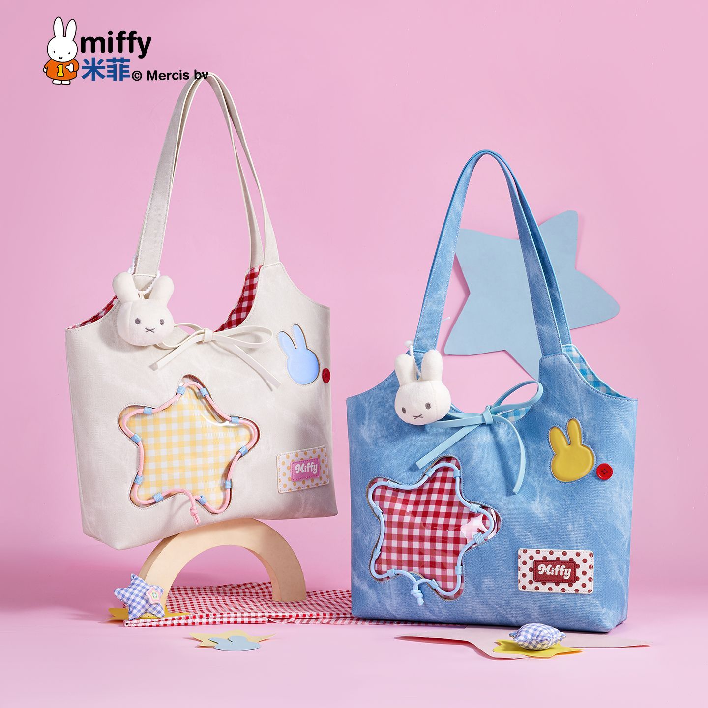 Shoulder Bag Structured - ミッフィーかわいい漫画ライセンスショルダートートバッグ素敵なシースルースターウィンドウデザインロングトップハンドルオープントップ構造
