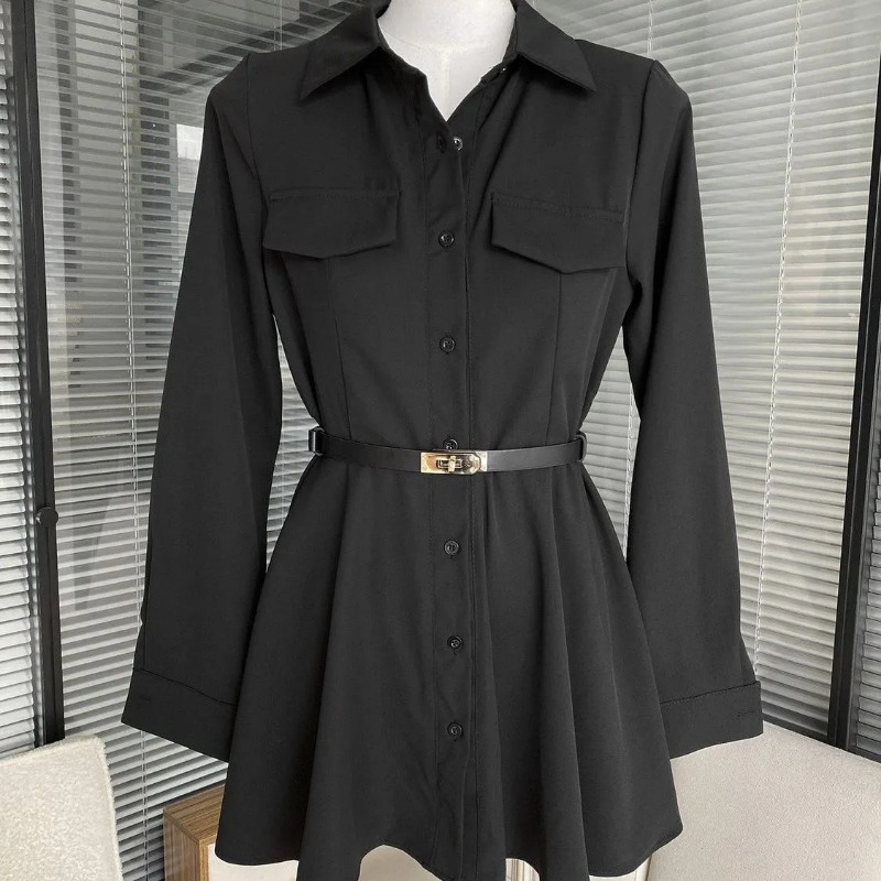 レディース ブラック シャツワンピース 長袖 ベルト付き ポ - Women Formal Wear Stitching のレビューと価格