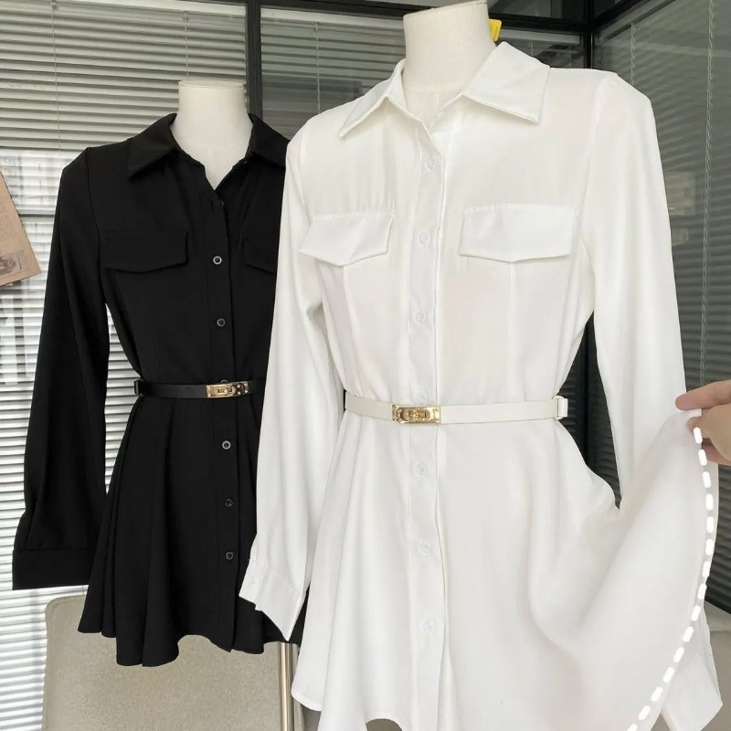 レディース ブラック シャツワンピース 長袖 ベルト付き ポ - Women Formal Wear Stitching のレビューと価格