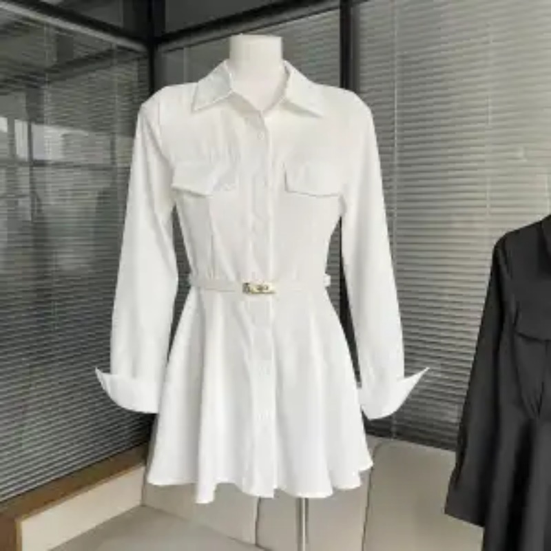 レディース ブラック シャツワンピース 長袖 ベルト付き ポ - Women Formal Wear Stitching のレビューと価格