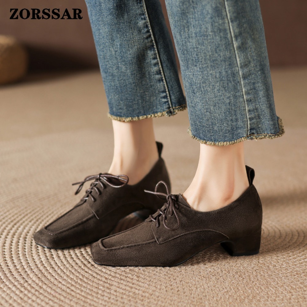 レディース ブラウン スエード スクエアトゥ レースアップ  - Formal Women Daily Wear Shoes のレビューと価格
