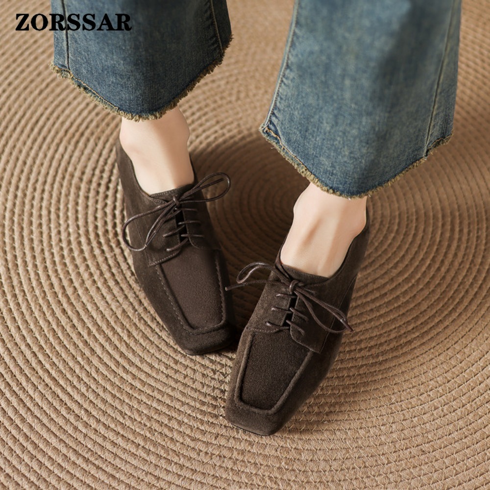 レディース ブラウン スエード スクエアトゥ レースアップ  - Formal Women Daily Wear Shoes のレビューと価格