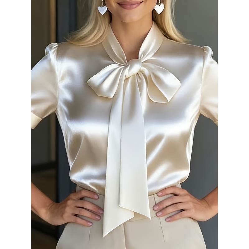 女性用エレガントなショートスリーブシャツ、蝶ネクタイ襟付き、 - Women Formal Wear Stitching のレビューと価格